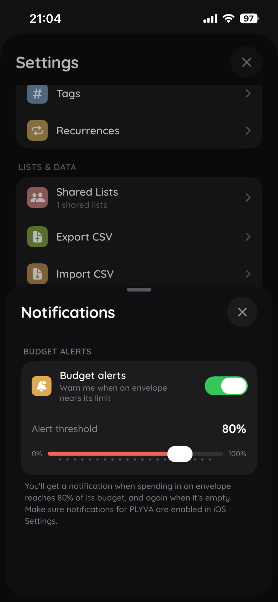 PLYVA budget alerts screen